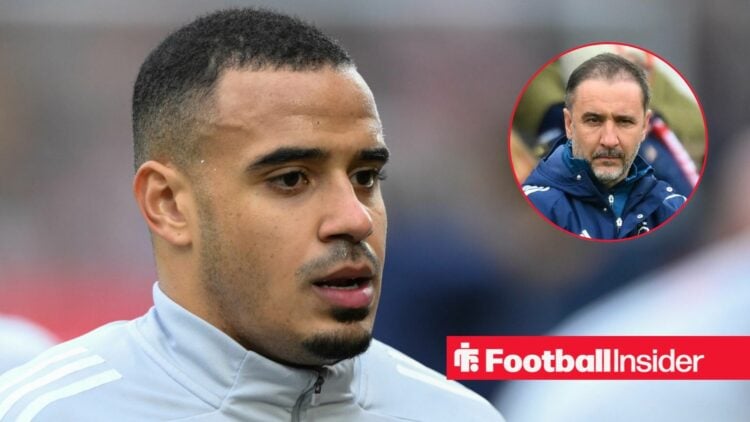 A close-up image of Murillo warming up for Nottingham Forest, as manager Vitor Pereira watches from a circular inset.