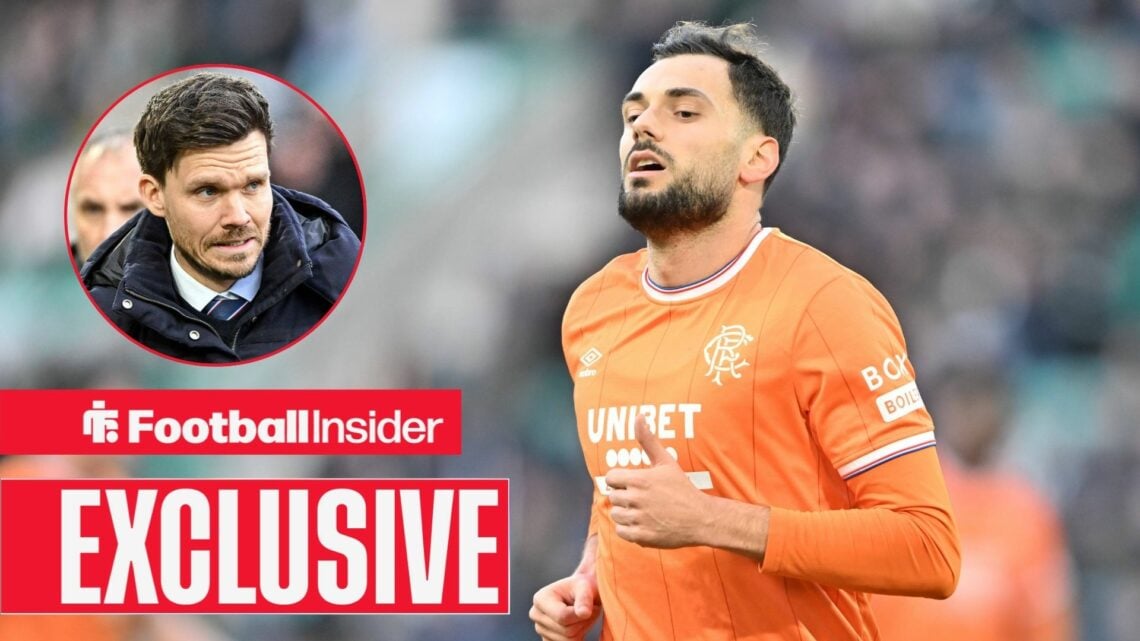 Football Insider exclusive as Rangers winger Nedim Bajrami looks frustrated during a game, while manager Danny Rohl watches from a circular inset.