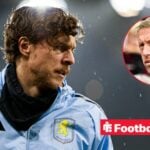 Aston Villa defender Victor Lindelof warms up for a game, as Sweden manager Graham Potter watches from a circular inset.