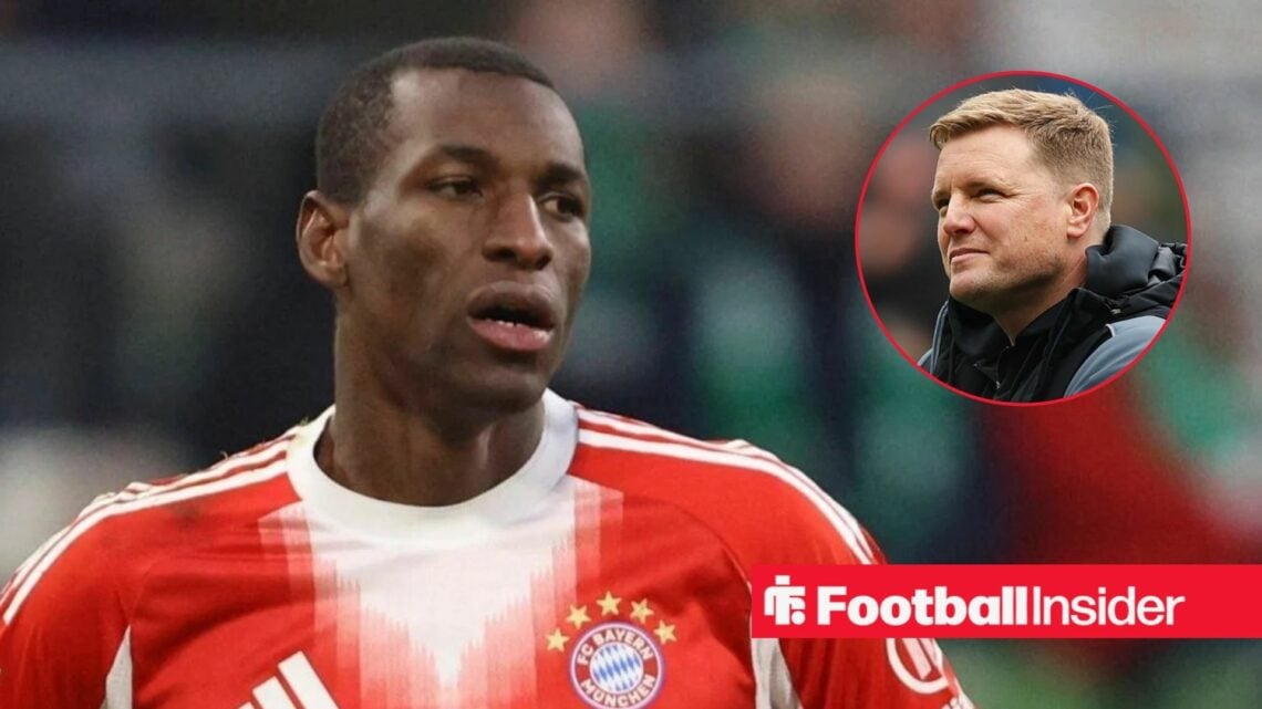 Nicolas Jackson in action for Bayern Munich, with Eddie Howe in a circular inset