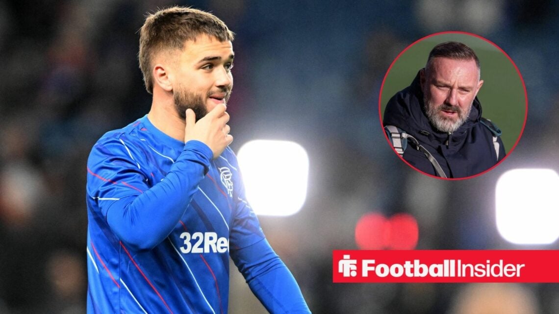 Rangers midfielder Nicolas Raskin scratches his face while warming up for a game, as Kris Boyd looks annoyed in a circular inset.