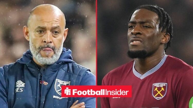 Nuno Espirito Santo on the sidelines, with Axel Disasi in action for West Ham