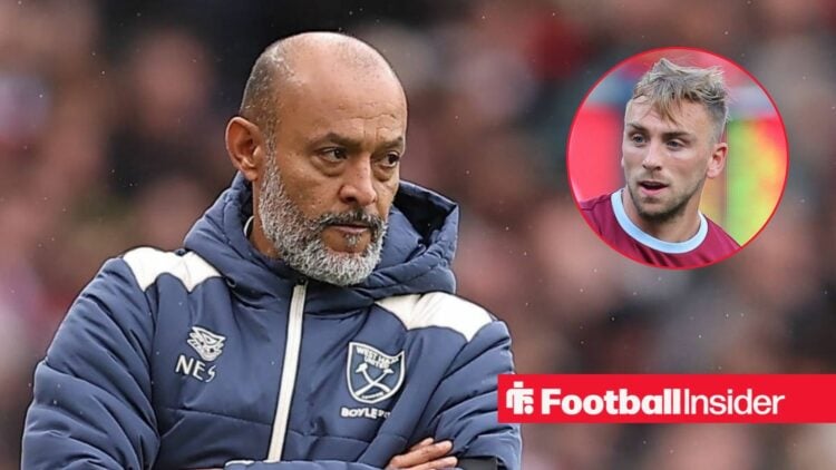Nuno Espirito Santo on the sidelines at West Ham, with Jarrod Bowen in a circular inset