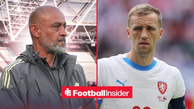 West Ham manager Nuno Espirito Santo stands at the London Stadium, as Tomas Soucek is in action for Czechia on the other side of a split image.