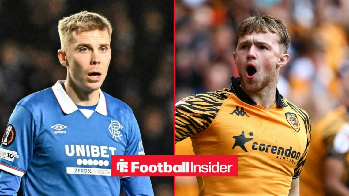 Oliver Antman looks concerned during a game for Rangers, as Joe Gelhardt celebrates a goal for Hull City on the other side of a split image.