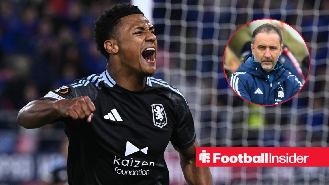 Aston Villa striker Ollie Watkins punches the air in celebration while Nottingham Forest manager Vitor Pereira looks concerned in a circular inset.
