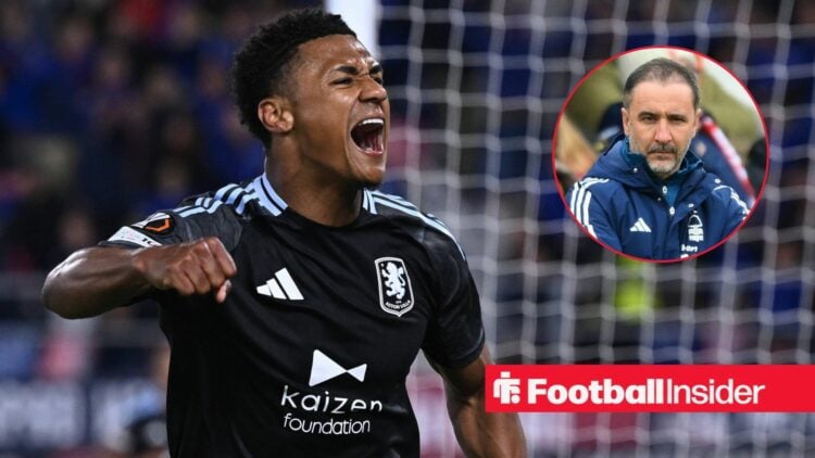 Aston Villa striker Ollie Watkins punches the air in celebration while Nottingham Forest manager Vitor Pereira looks concerned in a circular inset.
