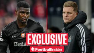 Football Insider exclusive as Ousmane Diomande is in action during a game for Sporting, while Newcastle manager Eddie Howe watches on the other side of a split image.