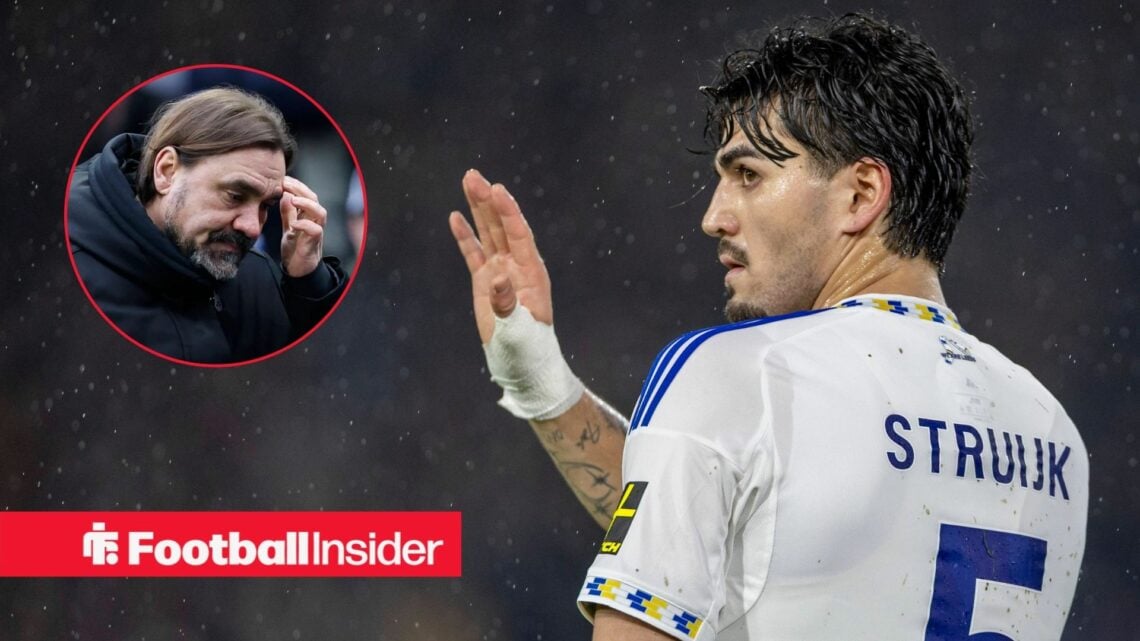 Leeds United defender Pascal Struijk waves towards manager Daniel Farke, who stares at the floor in a circular inset.