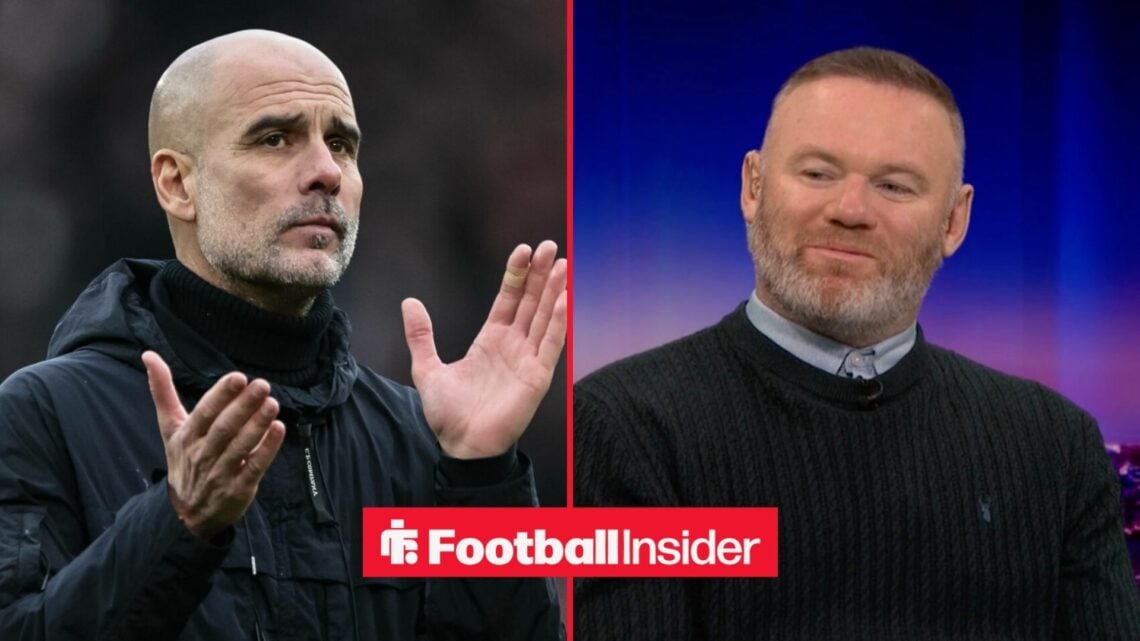 Manchester City manager Pep Guardiola applauds after a game, as Wayne Rooney looks smug on the other side of a split image.