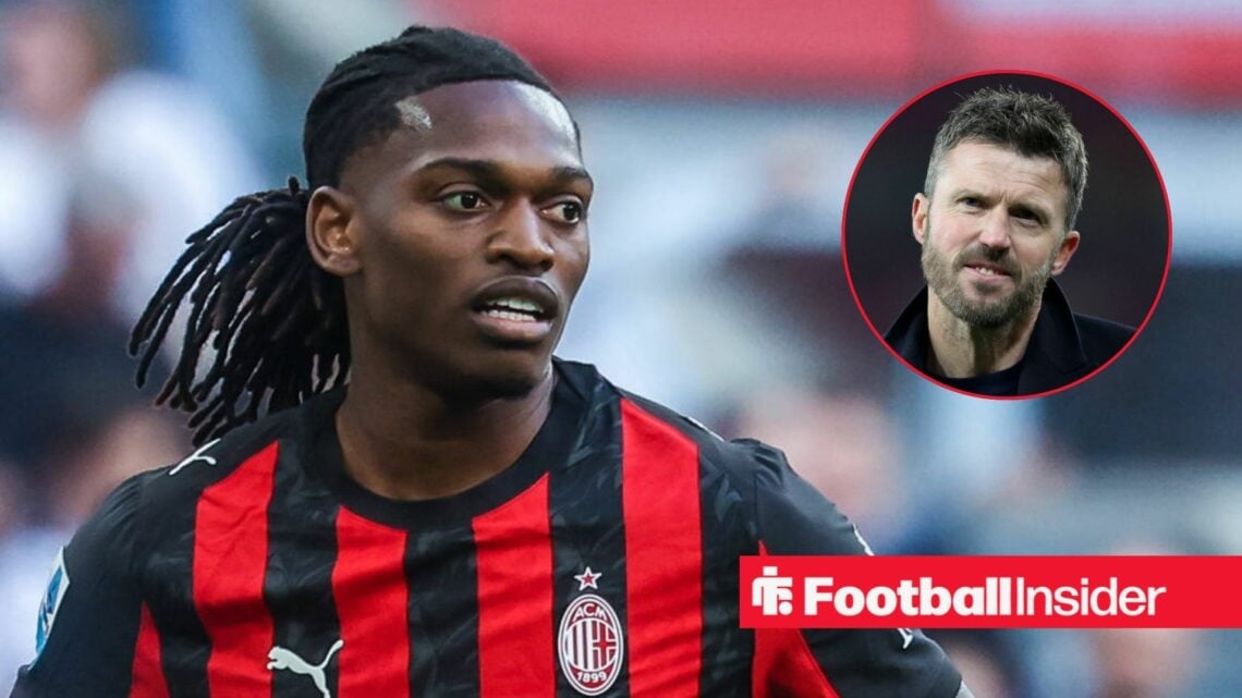 Rafael Leao in action for AC Milan, with Michael Carrick in a circular inset