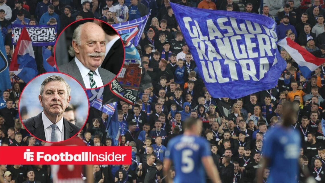 Rangers fans wave flags in the stands at Ibrox as chairman Andrew Cavenagh and Celtic owner Dermot Desmond watch from a pair of circular insets.