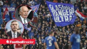 Rangers fans wave flags in the stands at Ibrox as chairman Andrew Cavenagh and Celtic owner Dermot Desmond watch from a pair of circular insets.