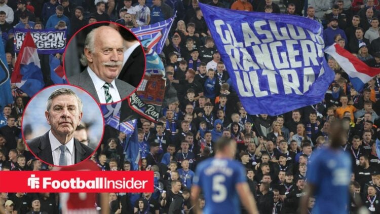 Rangers fans wave flags in the stands at Ibrox as chairman Andrew Cavenagh and Celtic owner Dermot Desmond watch from a pair of circular insets.