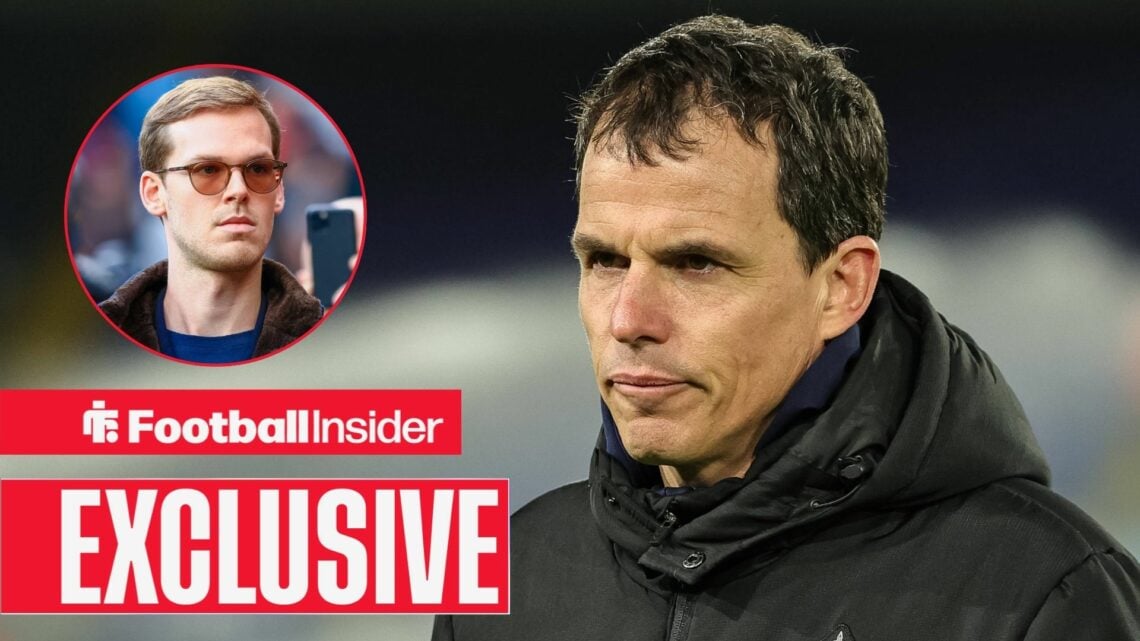 Football Insider exclusive as Sunderland manager Regis Le Bris looks concerned as owner Kyril Louis-Dreyfus watches from a circular inset.