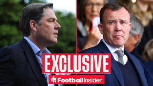 CEO of the Premier League, Richard Masters arriving at Craven Cottage for the game / Everton CEO Angus Kinnear in the stands