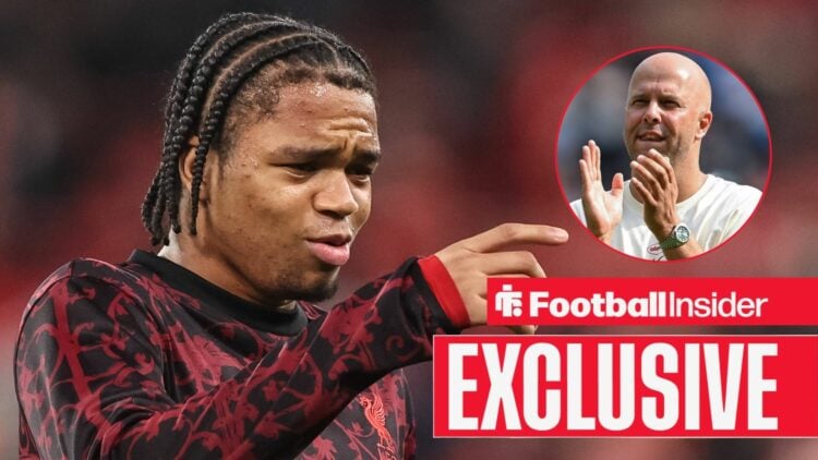 Football Insider exclusive as Liverpol winger Rio Ngumoha warms up for a game, while manager Arne Slot applauds in a circular inset.