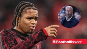 Rio Ngumoha of Liverpool in the pregame warmup session during the UEFA Champions League last 16 second leg match Liverpool vs Galatasaray at Anfield, Liverpool, United Kingdom on 18 March 2026 / Liverpool manager Arne Slot in the Anfield stands