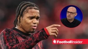 Liverpool starlet Rio Ngumoha warms up for a game, as Danny Murphy watches from a circular inset.