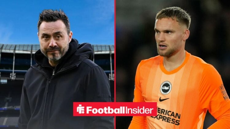 Tottenham manager Roberto De Zerbi stares across a split image towards Brighton goalkeeper Bart Verbruggen, who is in action during a game.