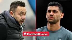 Roberto De Zerbi on the sidelines, with Cristian Romero in action for Tottenham