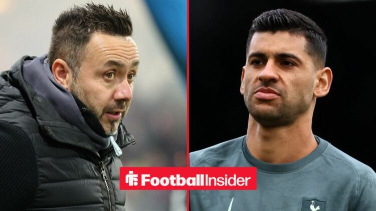 Roberto De Zerbi on the sidelines, with Cristian Romero in action for Tottenham