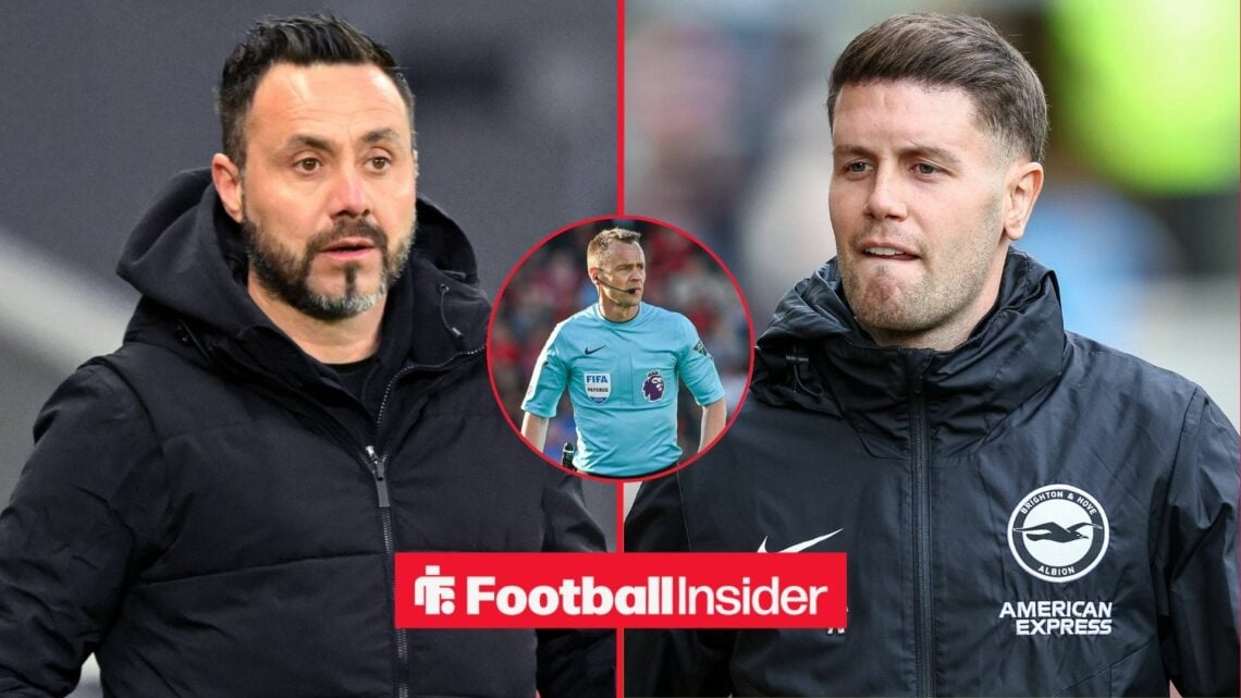 Tottenham Hotspur manager Roberto De Zerbi / Brighton manager Fabian Hurzeler / Referee Stuart Attwell during the Premier League match between Bour...