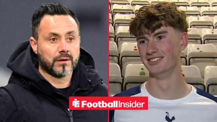 Tottenham manager Roberto De Zerbi / Tottenham loanee James Wilson speaking in a post-match interview