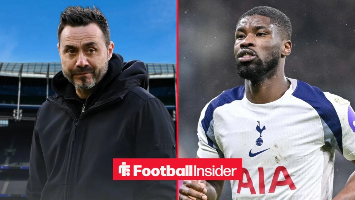 Tottenham manager Roberto De Zerbi stares arcoss a split image towards defender Kevin Danso, who is in action during a game.