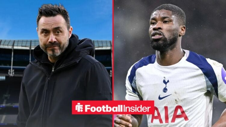 Tottenham manager Roberto De Zerbi stares arcoss a split image towards defender Kevin Danso, who is in action during a game.