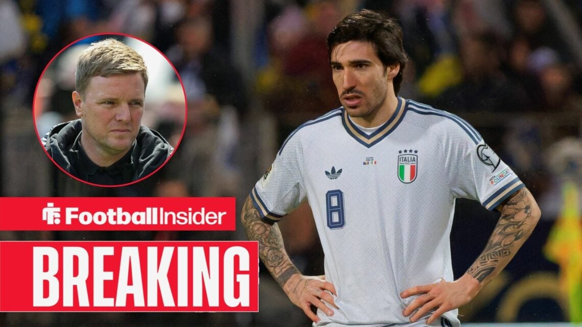 Sandro Tonali stands with his hands on his hips after a game for Italy, as Newcastle manager Eddie Howe watches from a circular inset.