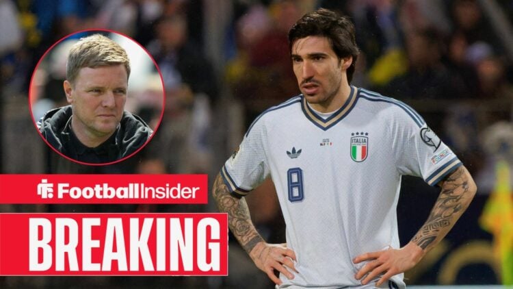 Sandro Tonali stands with his hands on his hips after a game for Italy, as Newcastle manager Eddie Howe watches from a circular inset.