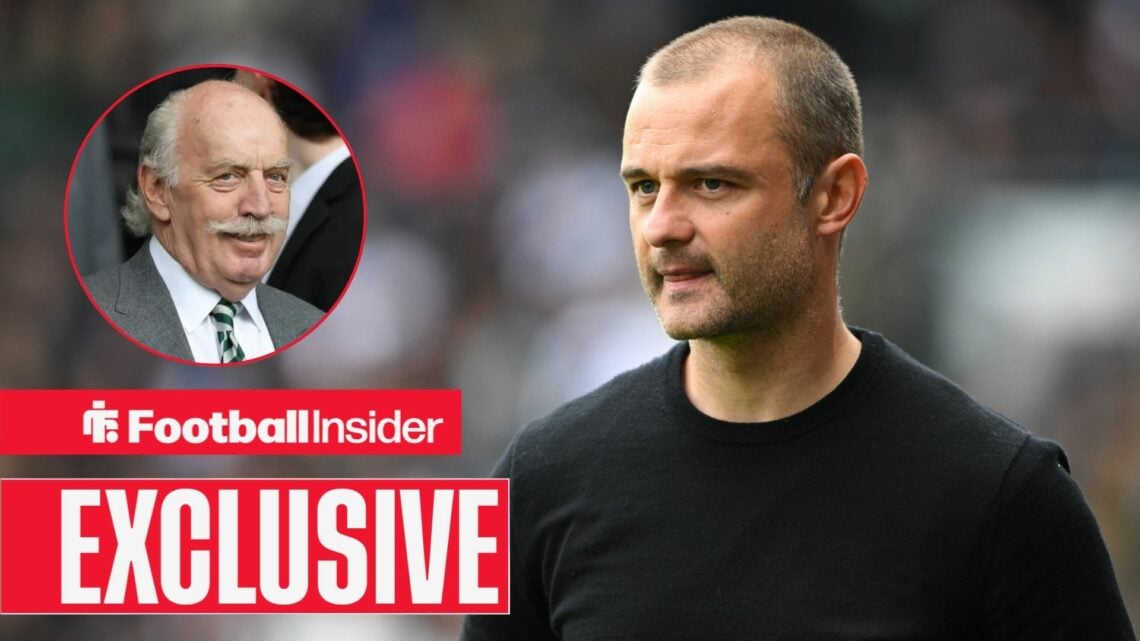Football Insider exclusive as Celtic assistant manager Shaun Maloney stares towards owner Dermot Desmond, who smiles in a circular inset.
