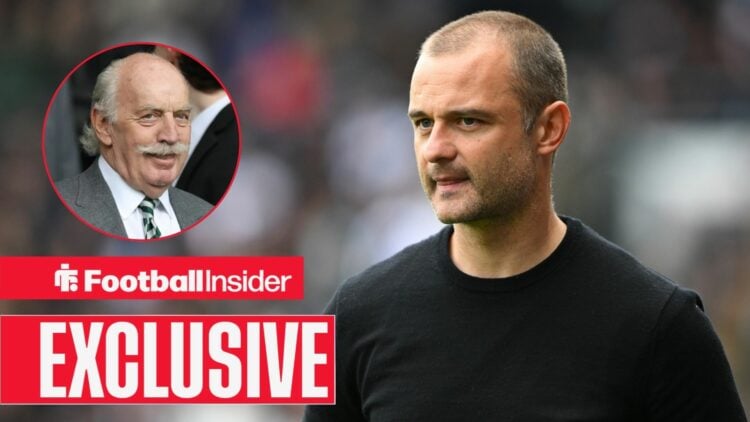 Football Insider exclusive as Celtic assistant manager Shaun Maloney stares towards owner Dermot Desmond, who smiles in a circular inset.