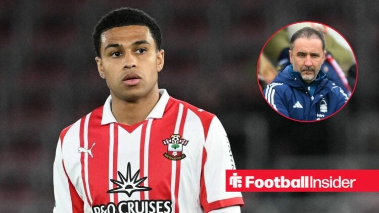 Southampton midfielder Shea Charles stares towards Nottingham Forest manager Vitor Pereira, who watches from a circular inset.