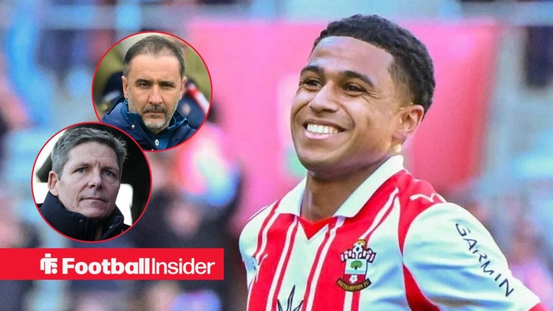 Shea Charles in action for Southampton, with Vitor Pereira and Oliver Glasner in circular insets