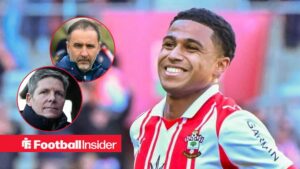 Shea Charles in action for Southampton, with Vitor Pereira and Oliver Glasner in circular insets