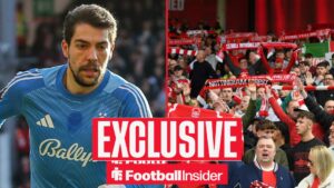 Football Insider exclusive as Nottingham Forest goalkeeper Stefan Ortega looks across a split image towards the fans, who hold scarves aloft in the stands.