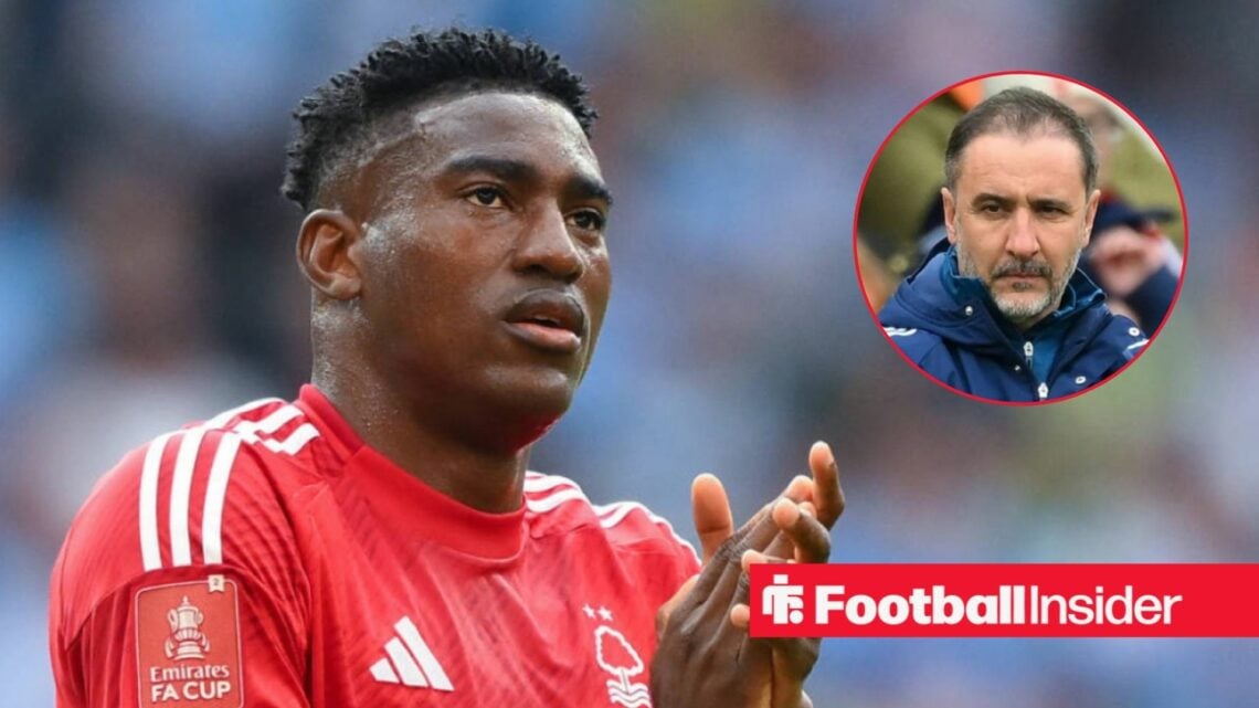 Taiwo Awoniyi in action for Nottingham Forest, with Vitor Pereira in a circular inset