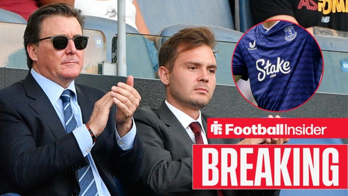 Everton owners, Dan and Ryan Friedkin sitting in the stands / Everton star James Garner wearing Everton kit sponsored by Stake.com