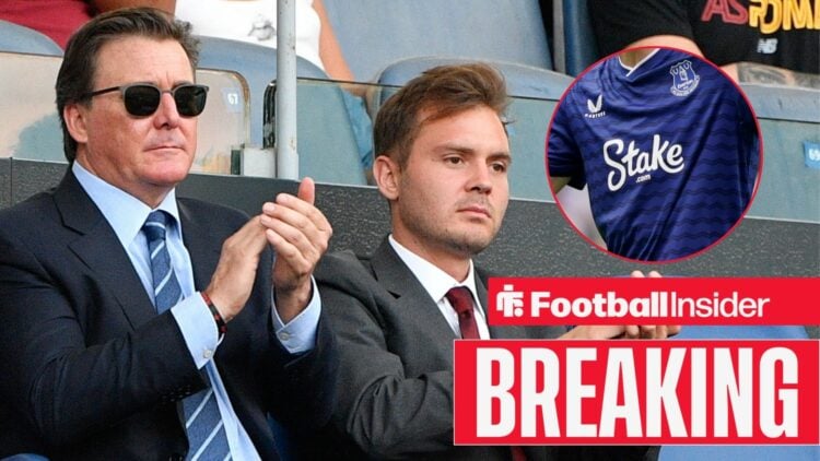 Everton owners, Dan and Ryan Friedkin sitting in the stands / Everton star James Garner wearing Everton kit sponsored by Stake.com