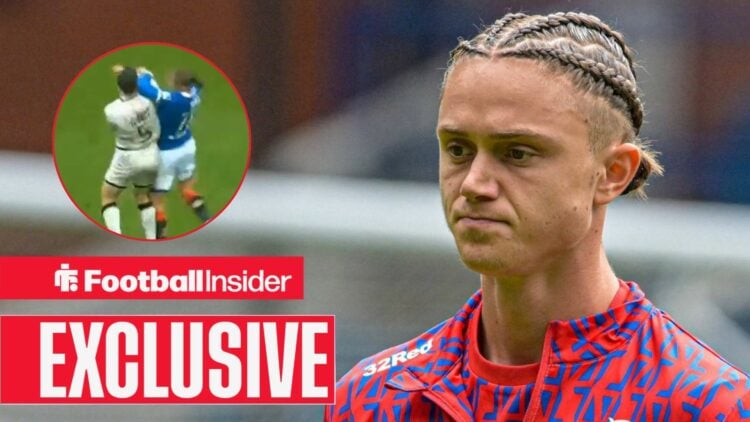 Rangers attacker Thelo Aasgaard in 2025-26 / Thelo Aasgaard cautioned for elbow on Dundee United's Vicko Sevelj