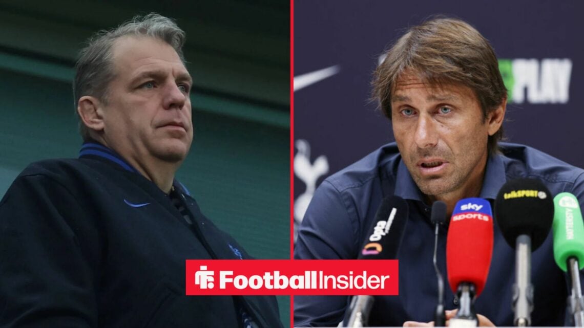 Todd Boehly in the stands at Chelsea, with Antonio Conte in a press conference during his time at Tottenham
