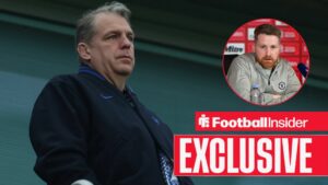 Football Insider exclusive as Chelsea owner Todd Boehly stands on a balcony, while interim manager Calum McFarlane sits in a press conference in a circular inset.