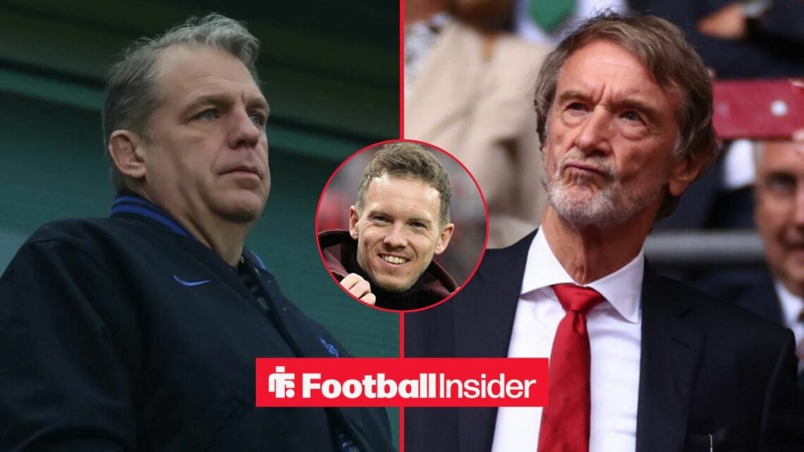Todd Boely in the stands at Stamford Bridge, Jim Ratcliffe in the stands at Old Trafford, and Julian Nagelsmann in a circular inset
