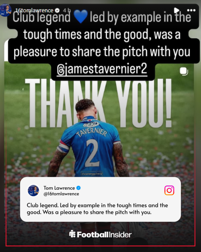 Tom Lawrence's emotional message as James Tavernier announces his Rangers exit