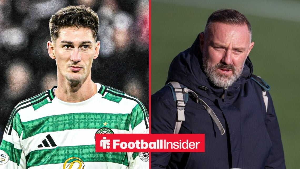 Celtic striker Tomas Cvancara looks across a split image towards Kris Boyd.