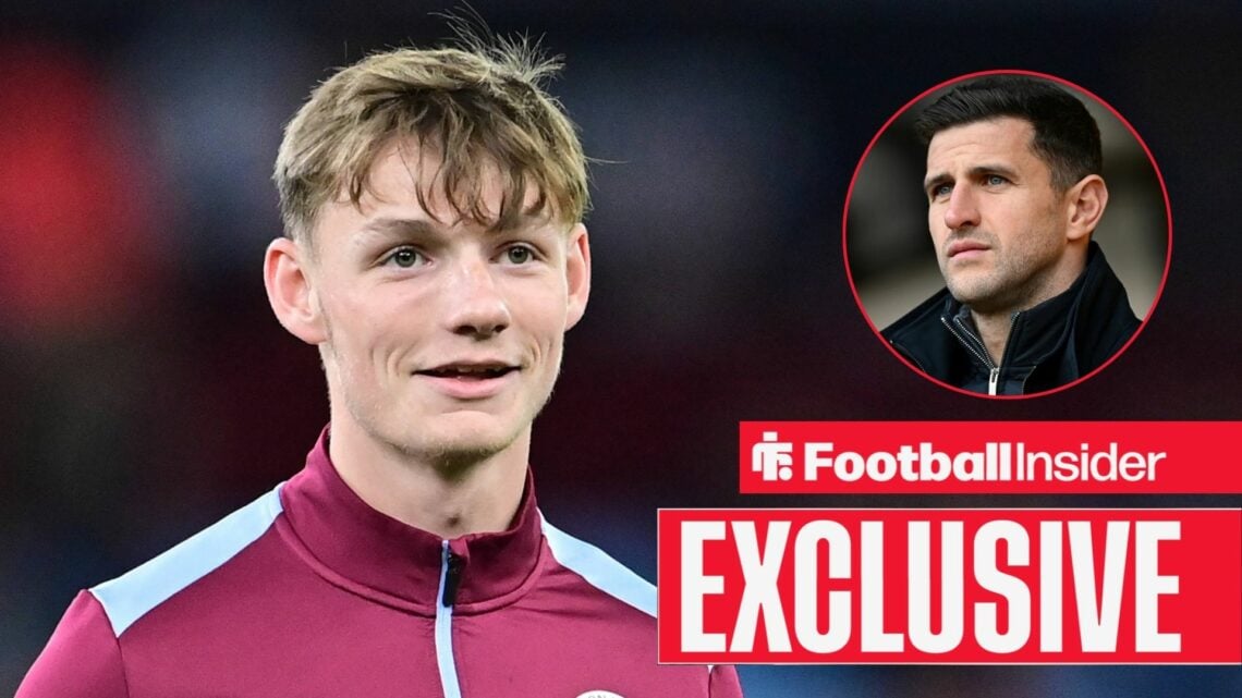 Tommi O'Reilly in action for Aston Villa, with John Mousinho in a circular inset