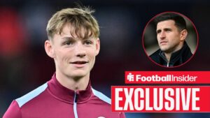 Tommi O'Reilly in action for Aston Villa, with John Mousinho in a circular inset