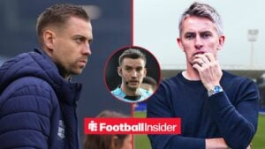 Southampton manager Tonda Eckert and Ipswich boss Kieran McKenna feature on either side of referee Thomas Kirk, who is in action in a central inset.